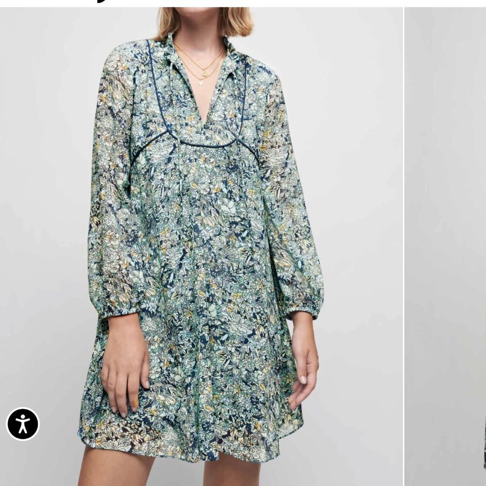 Maje Large Printed Chiffon Dress in Blue Bouquet Maje Large Babydoll Minidress